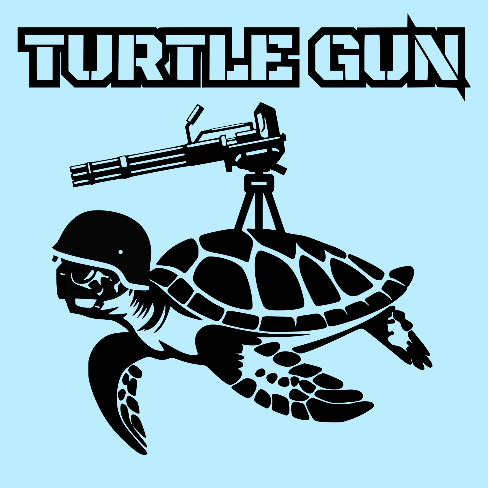 Close-up of funny t-shirt design featuring a turtle with a mounted machine gun and “Turtle Gun” text in bold font.