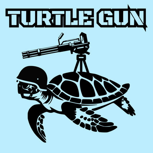 Close-up of funny t-shirt design featuring a turtle with a mounted machine gun and “Turtle Gun” text in bold font.