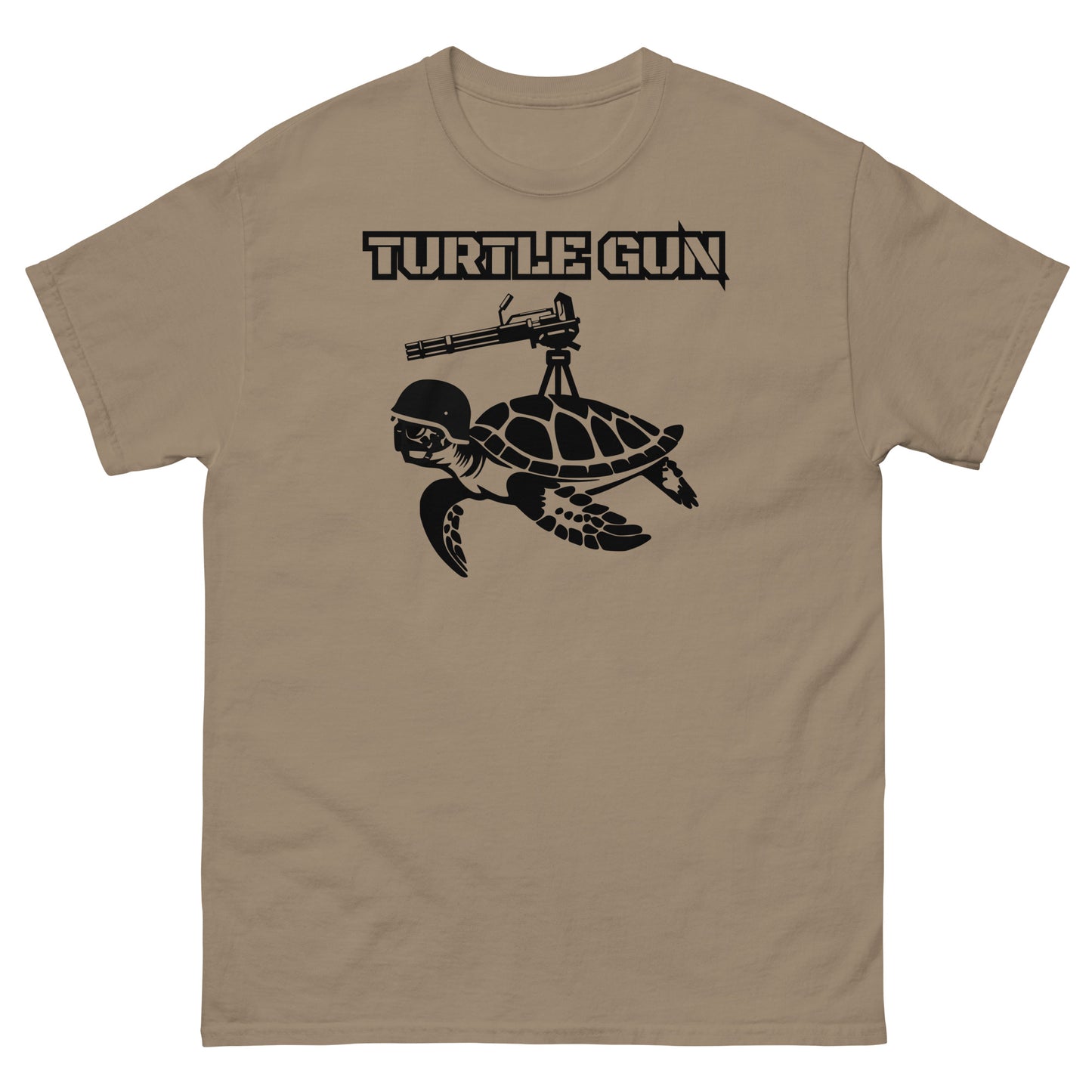 Brown Savana colored t-shirt with unique turtle gun design.