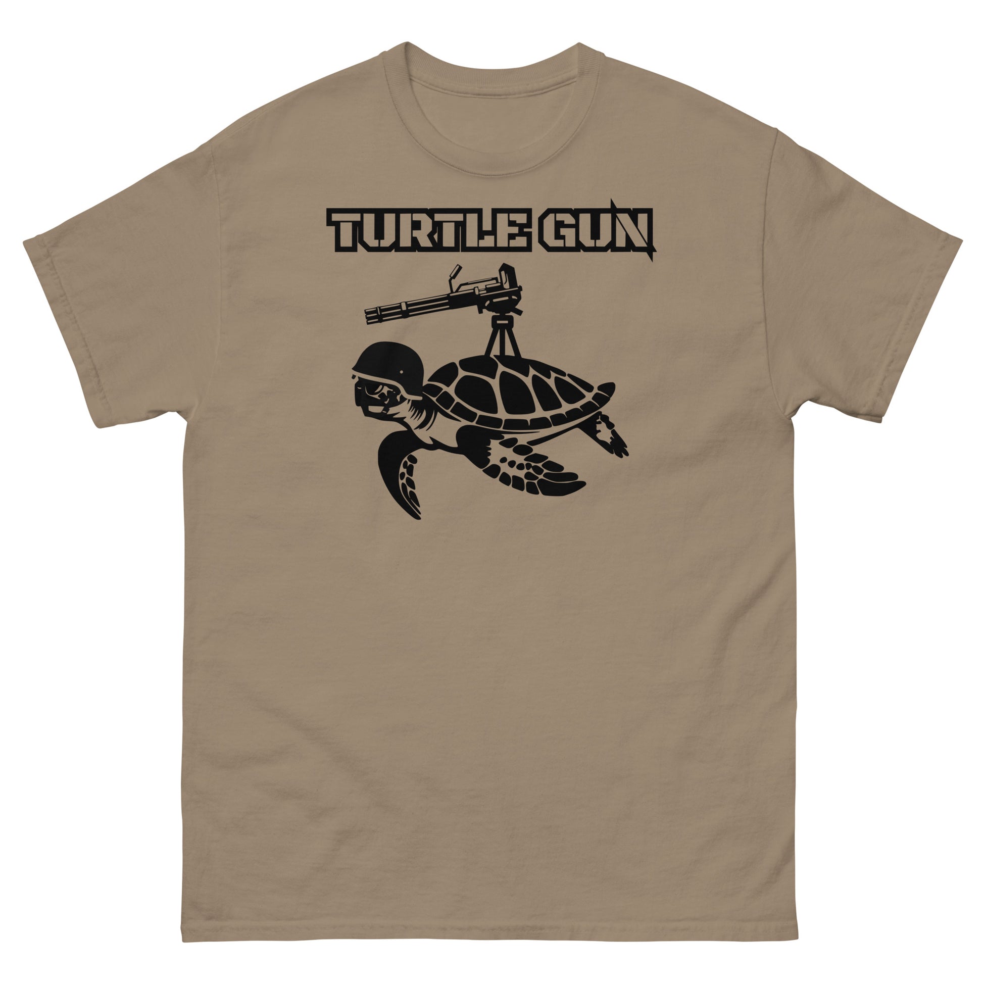 Brown Savana colored t-shirt with unique turtle gun design.