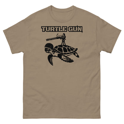 Brown Savana colored t-shirt with unique turtle gun design.