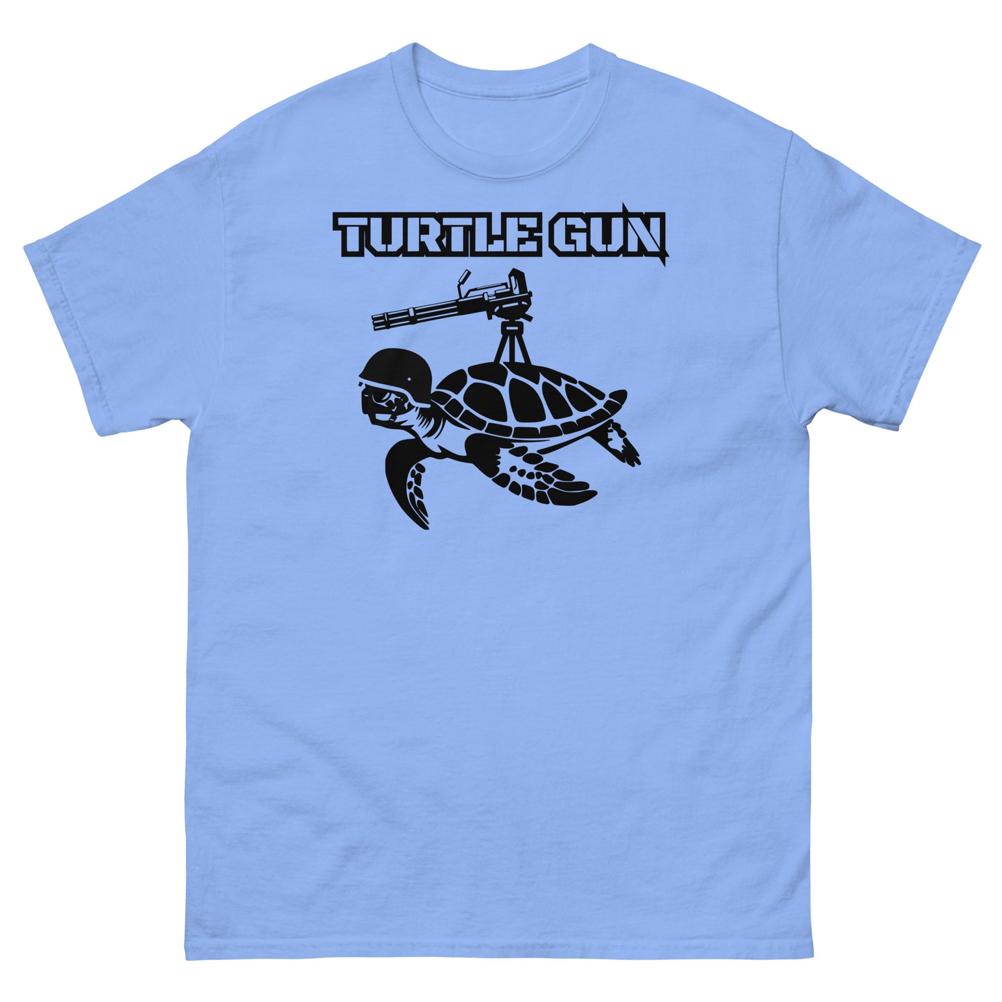 Carolina blue t-shirt featuring a turtle with a mounted gun design.