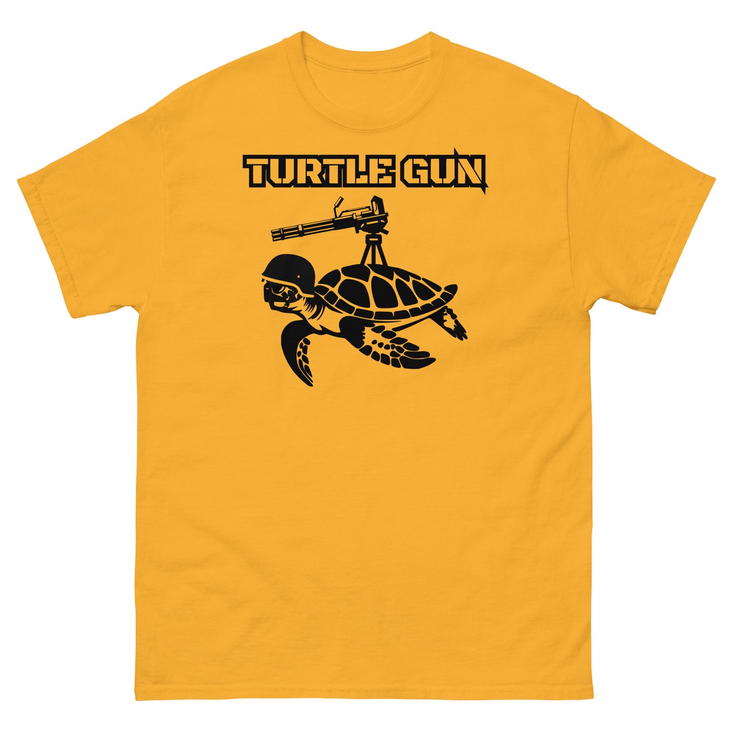 Gold color t-shirt with tactical turtle gun design.