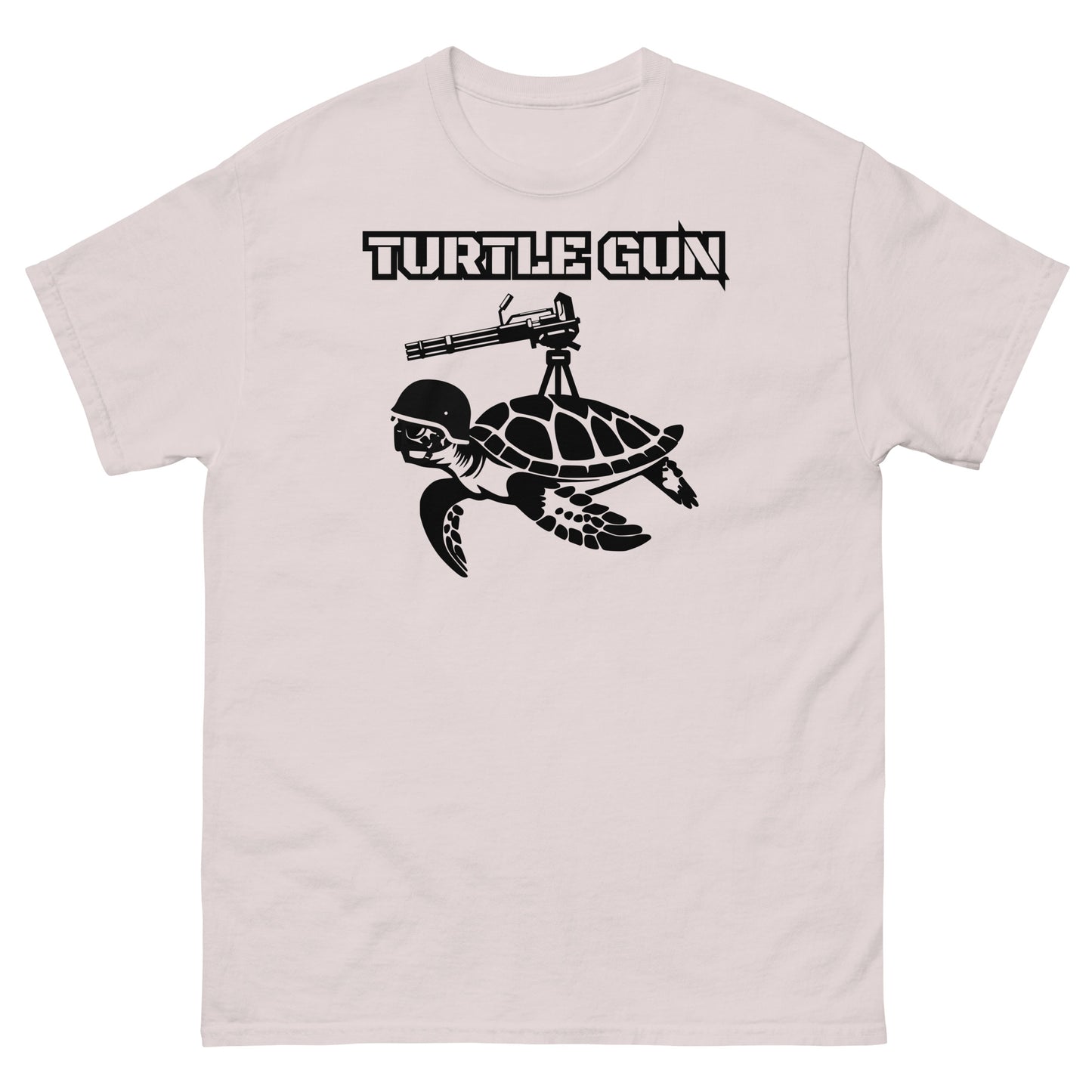 Ice grey t-shirt with unique turtle gun illustration.