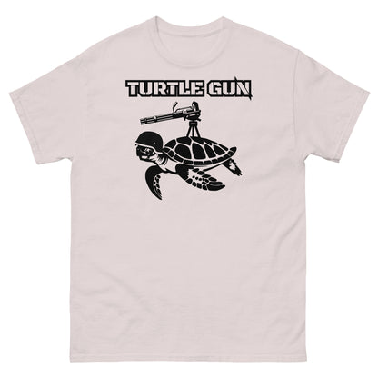 Ice grey t-shirt with unique turtle gun illustration.