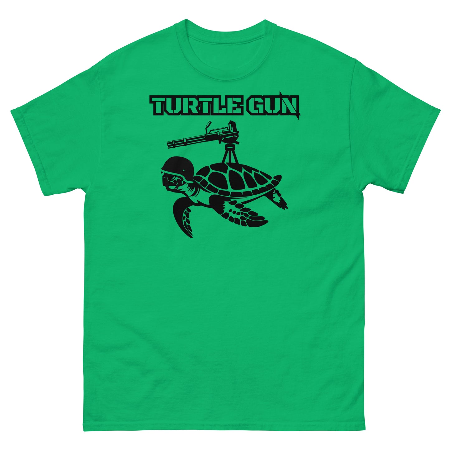 Irish green t-shirt with humorous turtle gun design.