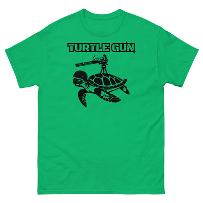Irish green t-shirt with humorous turtle gun design.