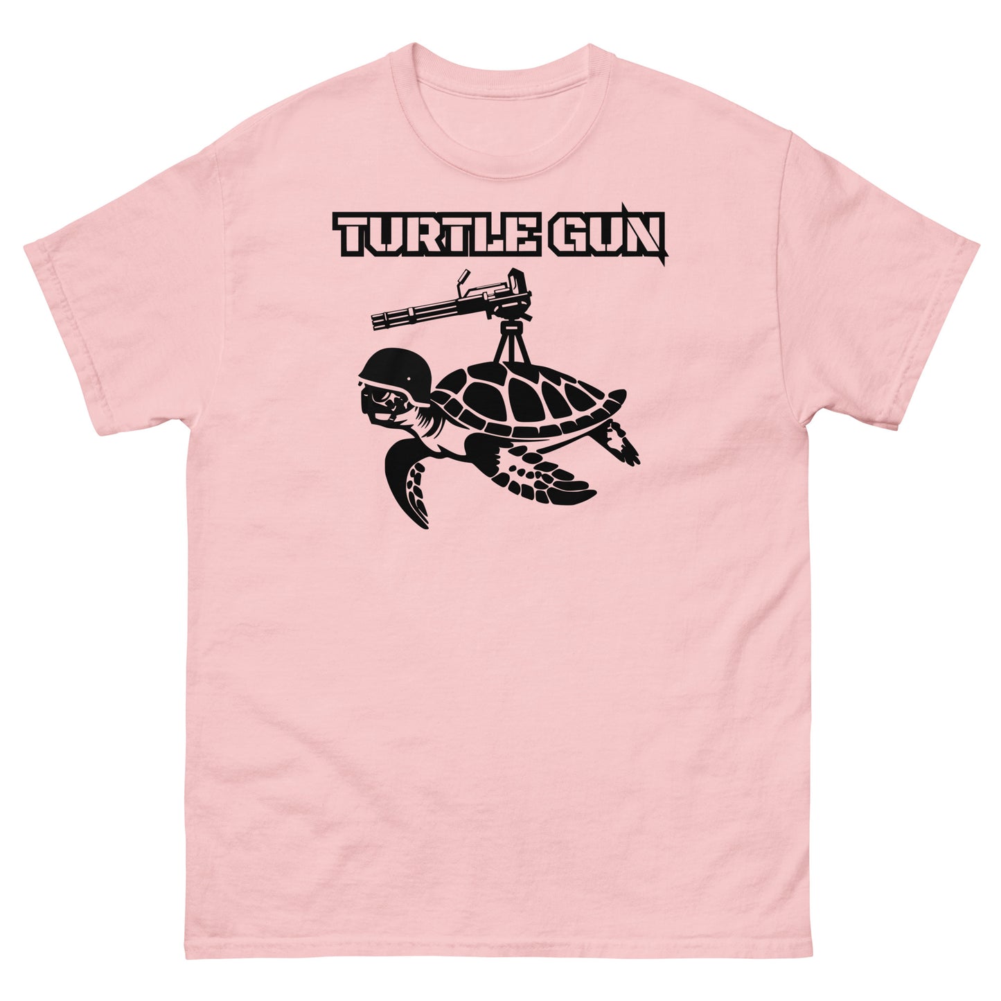 Light pink t-shirt with funny turtle gun design.