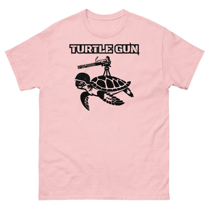 Light pink t-shirt with funny turtle gun design.