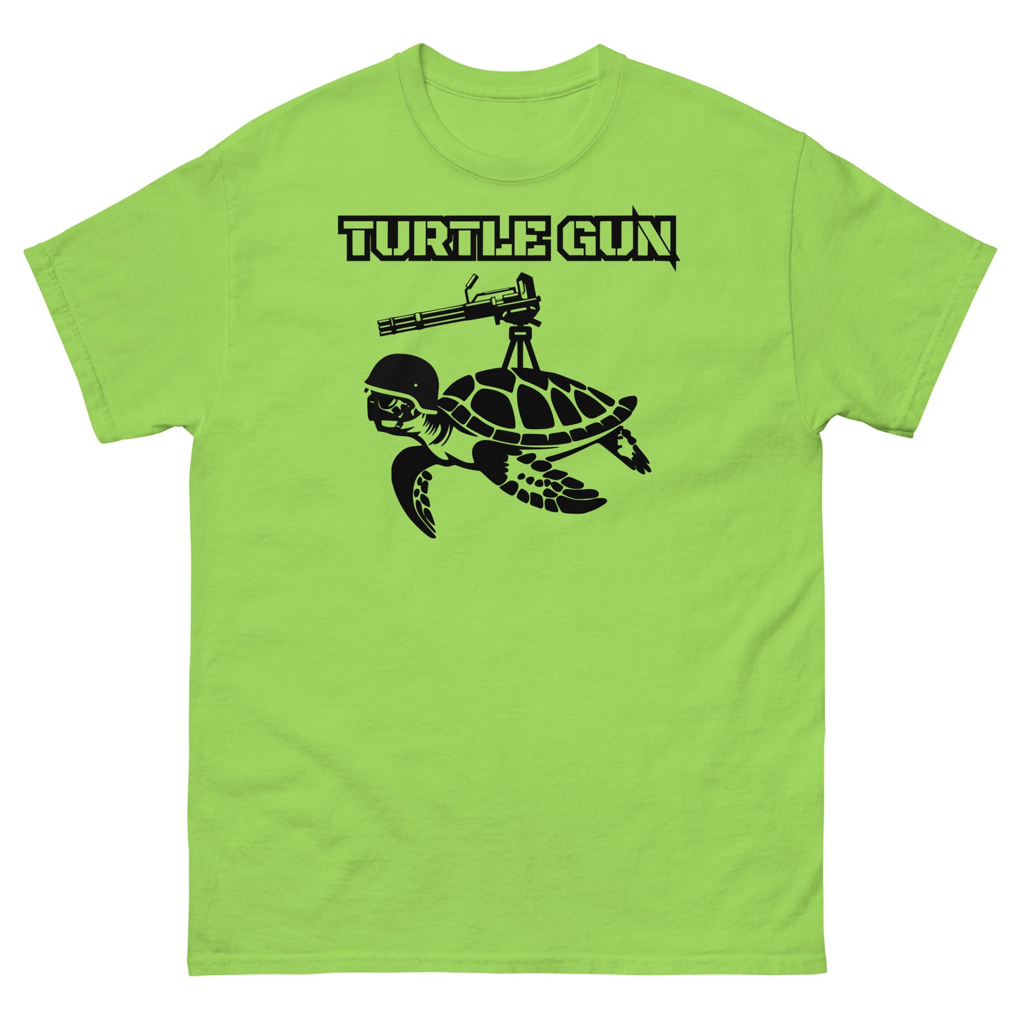 Lime green t-shirt with turtle holding a machine gun.