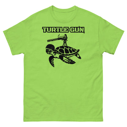 Lime green t-shirt with turtle holding a machine gun.