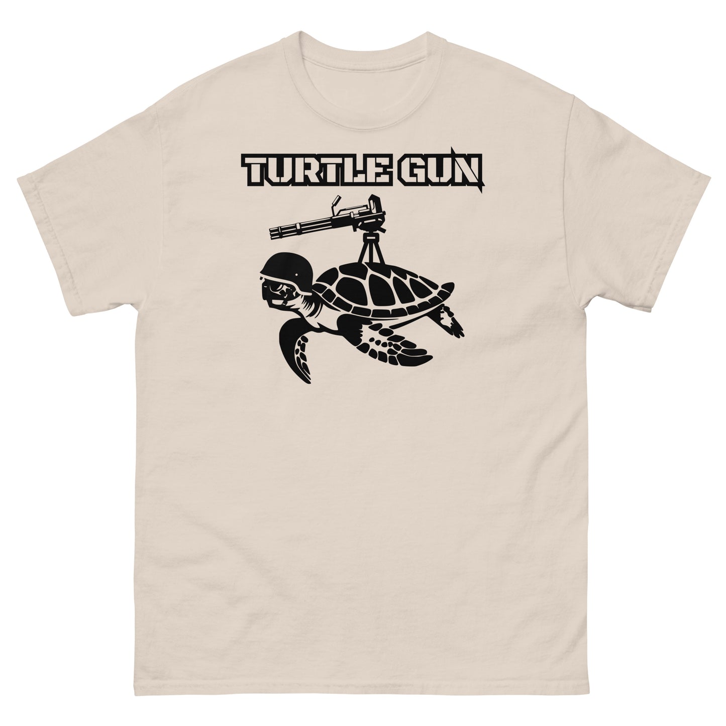 Natural color t-shirt featuring humorous turtle gun graphic.