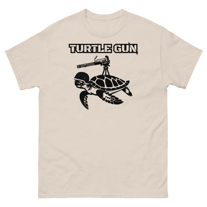 Natural color t-shirt featuring humorous turtle gun graphic.