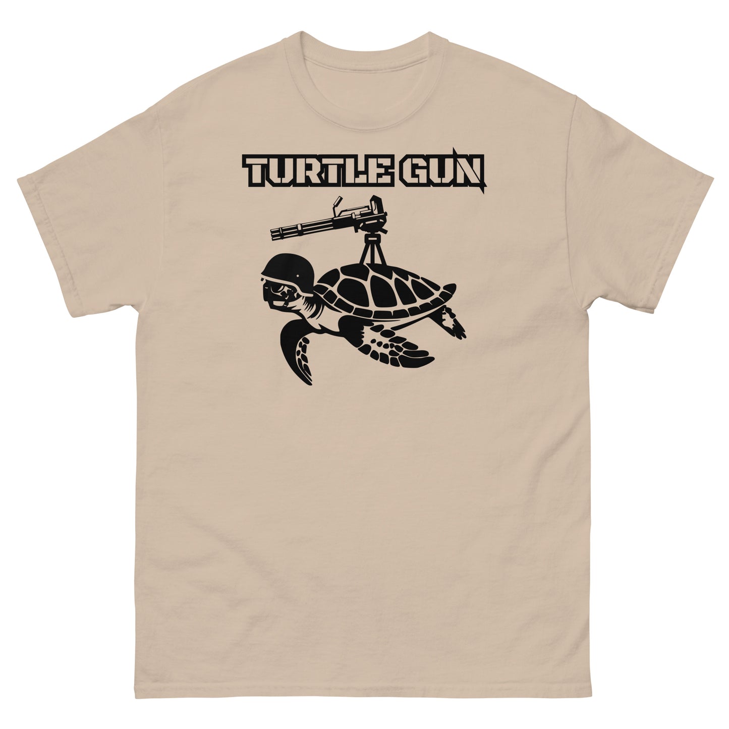 Sand colored t-shirt with whimsical turtle gun design.