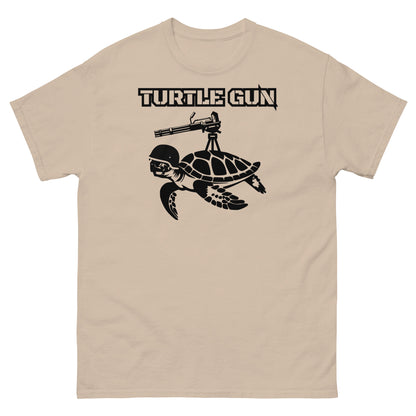 Sand colored t-shirt with whimsical turtle gun design.
