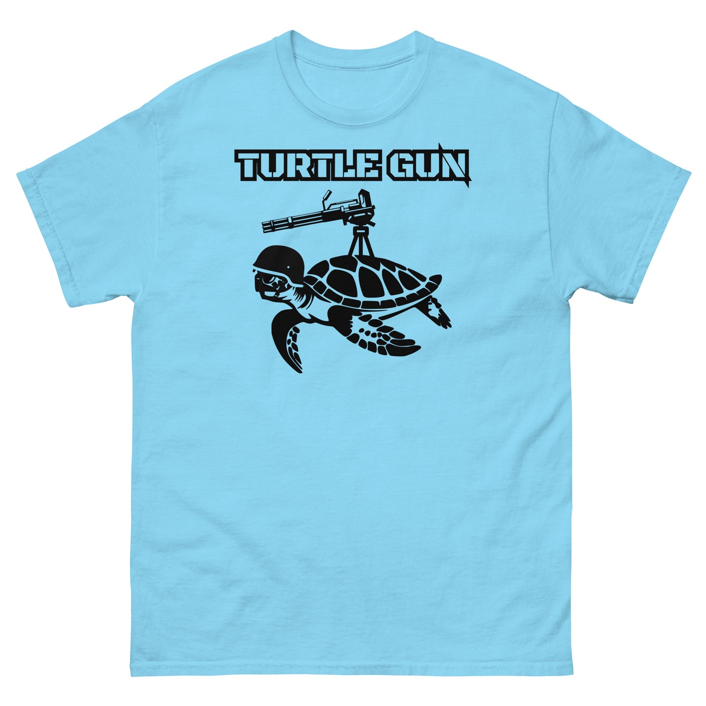 Sky blue t-shirt with turtle and mounted gun design.