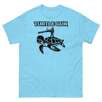 Sky blue t-shirt with turtle and mounted gun design.