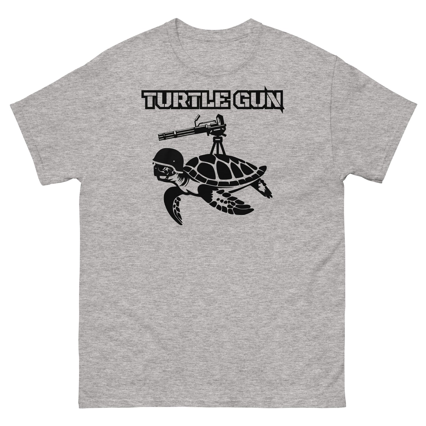 Sport grey funny military-themed turtle gun t-shirt.
