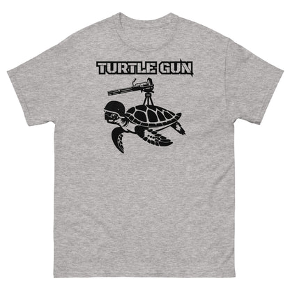 Sport grey funny military-themed turtle gun t-shirt.