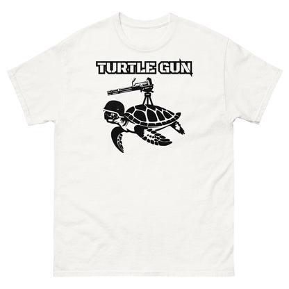 White t-shirt featuring a funny turtle gun design.