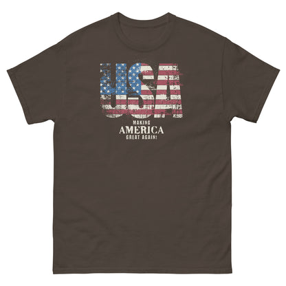 Dark chocolate vintage USA t-shirt with patriotic message and retro-style flag