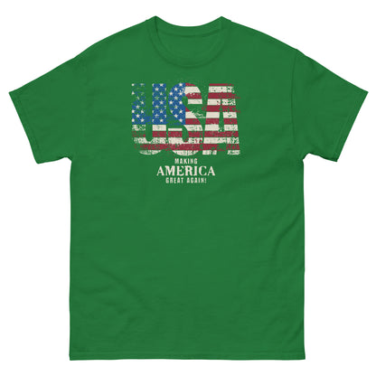 Turf green patriotic tee with classic Americana design and “Making America Great Again” slogan