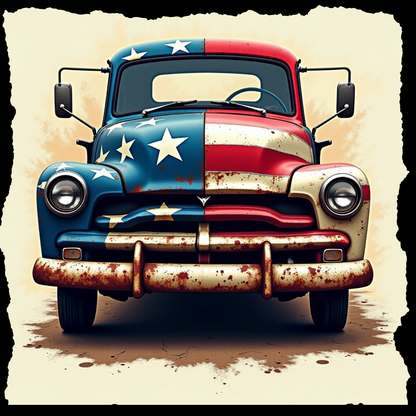 Close-up of distressed vintage truck t-shirt design with red, white, and blue USA flag wrap on a classic American pickup