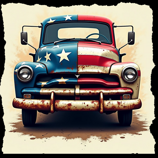 Close-up of distressed vintage truck t-shirt design with red, white, and blue USA flag wrap on a classic American pickup