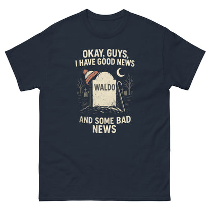 ProduNavy blue retro dark humor t-shirt with Waldo tombstone design and sarcastic slogan