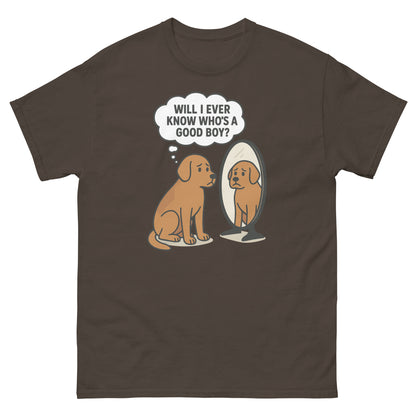 Dark chocolate funny dog introspection t-shirt with cartoon pup and quote in mirror