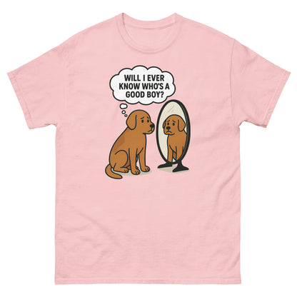 Light pink dog humor shirt with cartoon pup reflecting on being a good boy