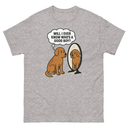 Sport grey funny dog shirt featuring reflective cartoon pet pondering identity